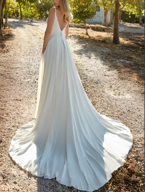 Luolandi A-Line Chiffon Wedding Dresses With Court Train V-neck Sleeveless Floor Length Simple